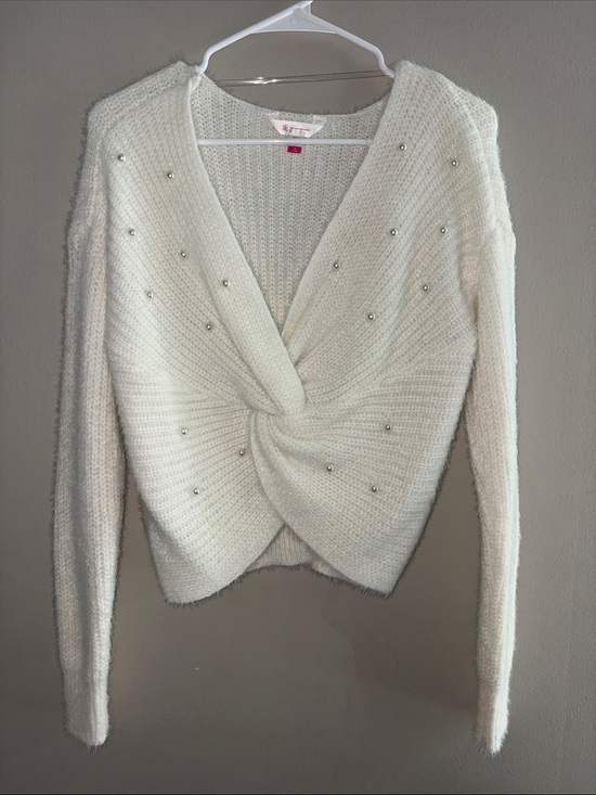 No Boundaries Sweaters - No Boundaries Cream Twisted V-Neck Sweater with Pearl Studs